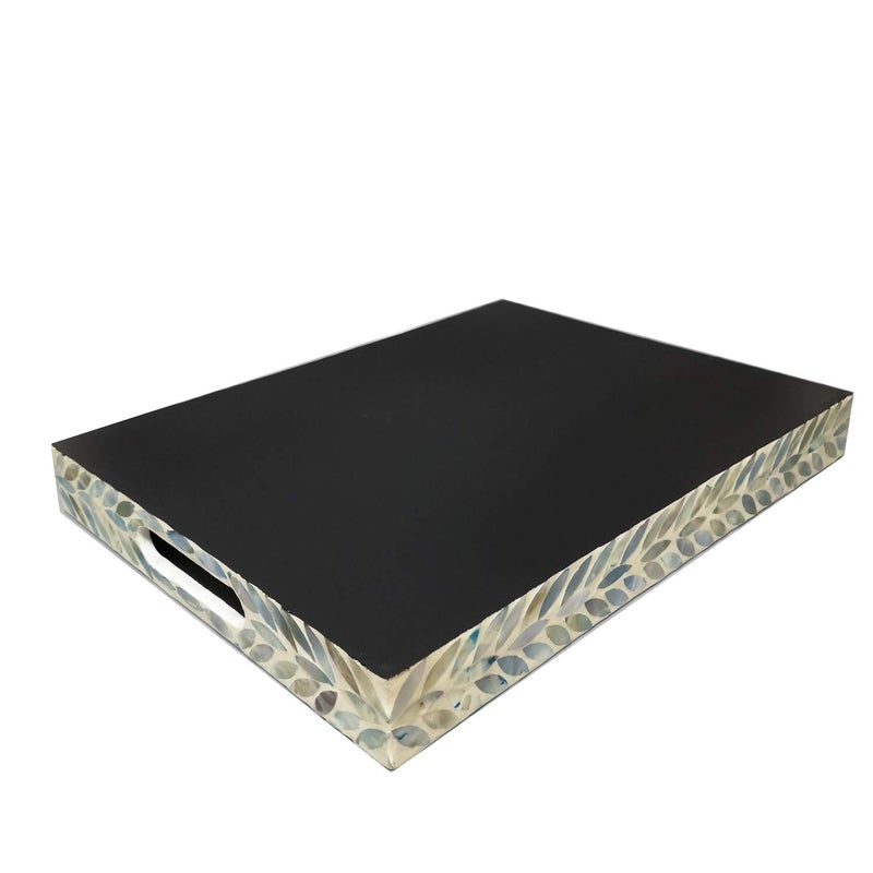 i-lan Creative Rectangular Mother of Pearl Severing Tray Lacquer Wooden Decorative Tray Handmade Shell Serving Tray with Handles and 2 Inch Side, Large Beige Blue Inlay Nacre Ottoman Tray (15.75") - Image 5